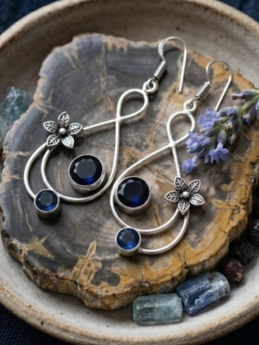 925 Sterling Silver Blue Tanzanite Floral Teardrop Dangle Earrings Boho 2.7"